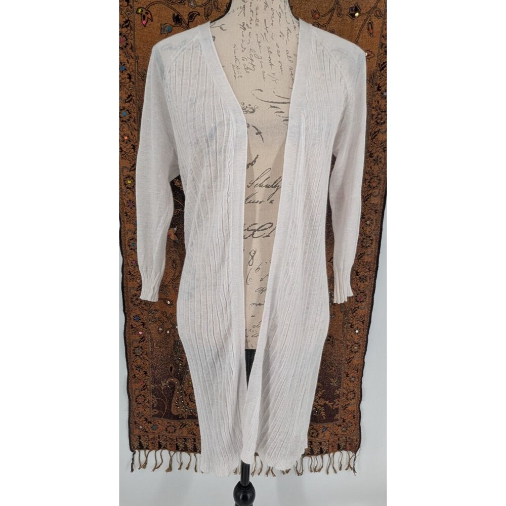White Linen Blend Open Front Topper Sweater Pintucks Long Line AVA